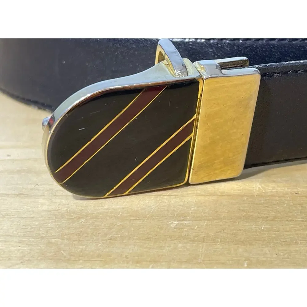 Vintage Ibex Brown Leather Belt Men's 46 Gold Enamel Striped Buckle Preppy Twee